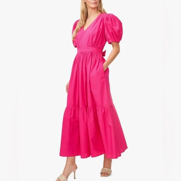 NWT CeCe Pink V-Neck Puff Sleeve Tiered Ruffled Maxi Dress Sz L - Picture 1 of 4